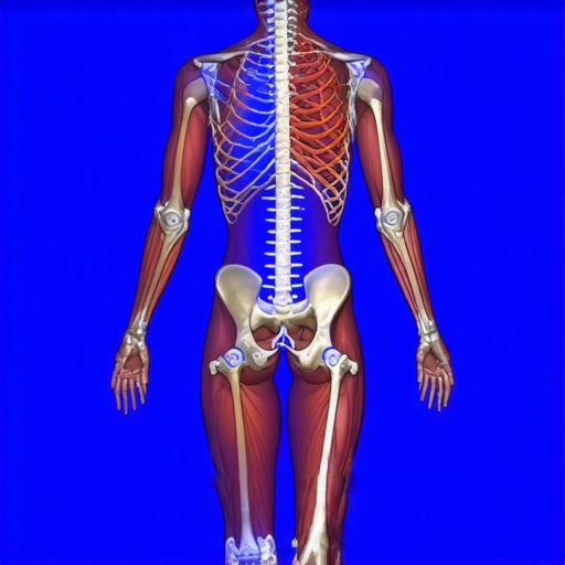 Diagram illustrating interconnected muscles, nerves, and bones involved in back and neck pain