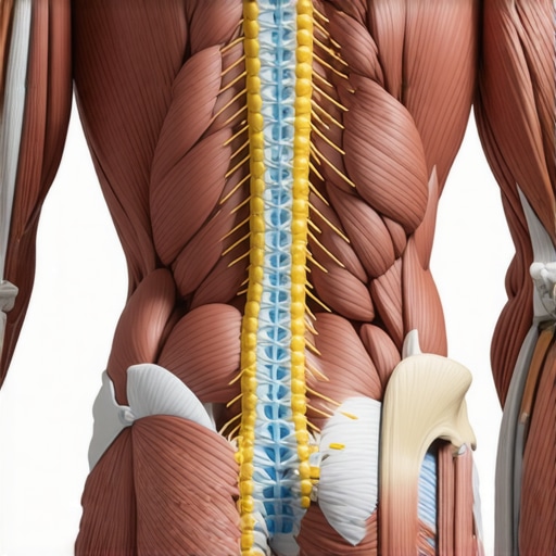 Detailed diagram of back muscles, hip joints, and nerve pathways illustrating their relationship in back pain and mobility.