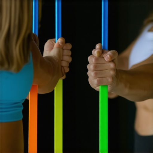 Person performing hip mobilization exercises with resistance bands at home.