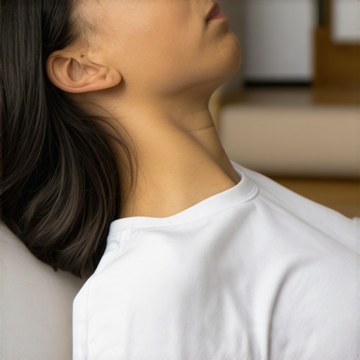A person lying on their back practicing diaphragmatic breathing to reduce neck tension.