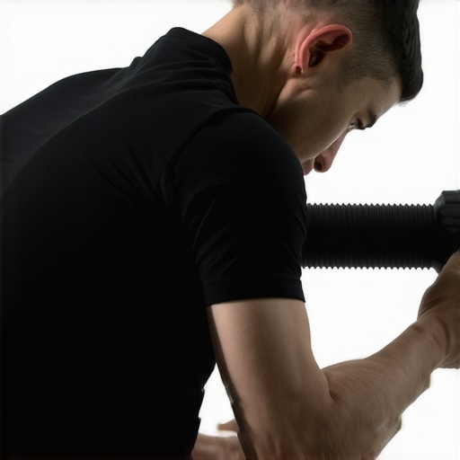 Individual using foam roller and massage ball for back and neck relief in a home gym.