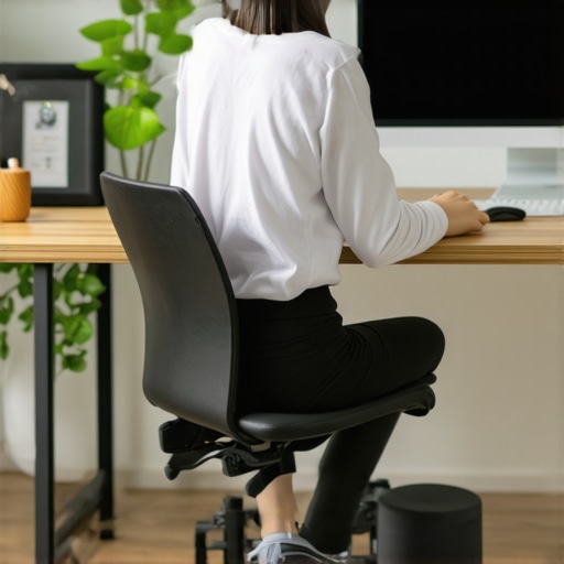 Person adjusting ergonomic chair and using foam roller for back health.