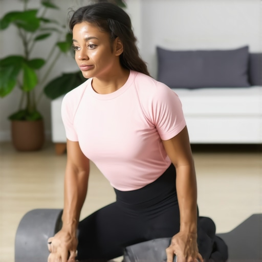Individual practicing mobility exercises with foam roller and posture app