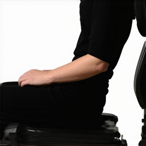 Illustration of proper sitting posture with lumbar support and seat adjustments