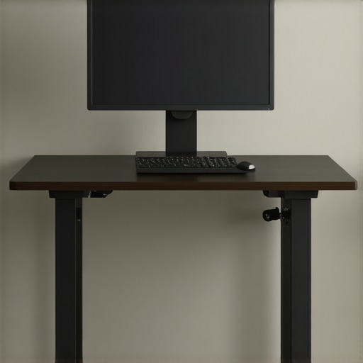 Person adjusting standing desk to proper ergonomic height with monitor at eye level.