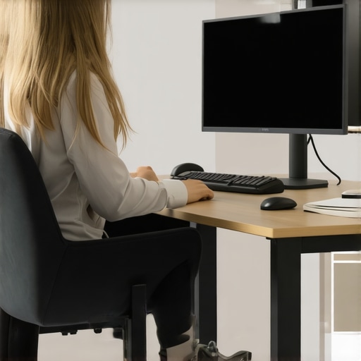 A modern ergonomic workspace featuring a sit-stand desk, lumbar cushion, and monitor arm for optimal back support