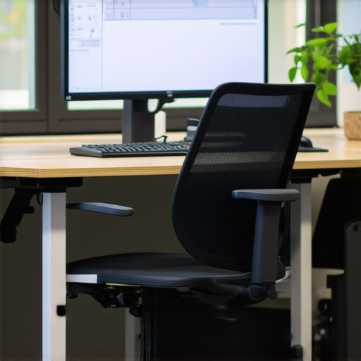 Ergonomic workspace setup for back comfort Image of an ergonomic office desk with supportive chair and adjustable monitor stand.