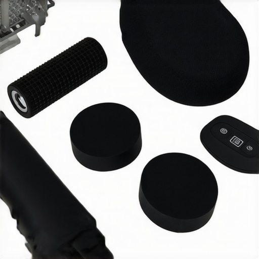 Ergonomic tools like foam roller, supportive pillow, and posture sensors on a desk for back and neck support.