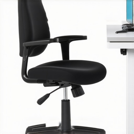 A workspace featuring ergonomic furniture, posture devices, and foam rollers for back and neck health.