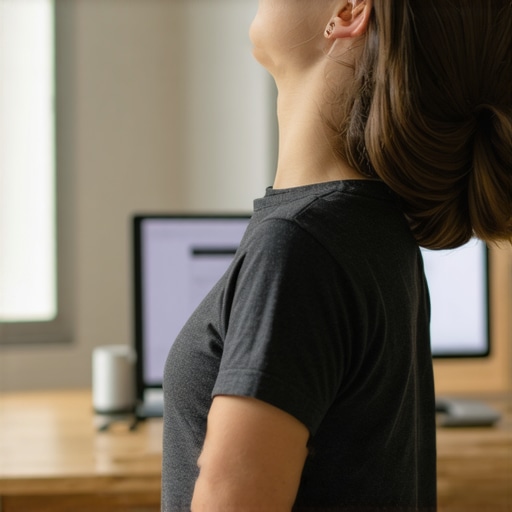 Person stretching neck muscles in an ergonomic workspace