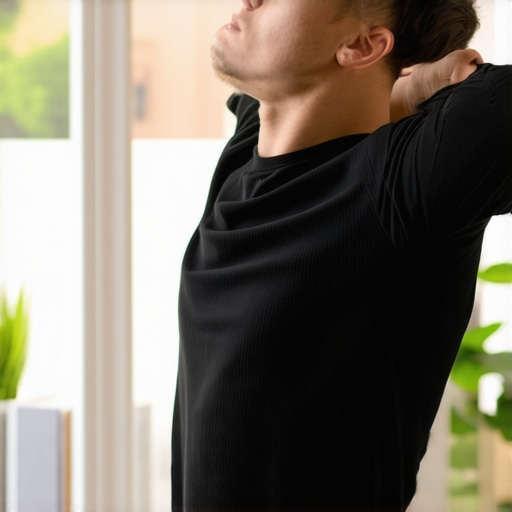 Person stretching neck and shoulders at desk to improve posture