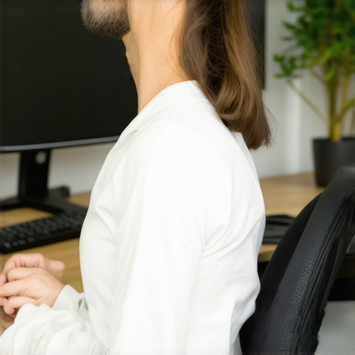 Person doing neck stretches in ergonomic workspace