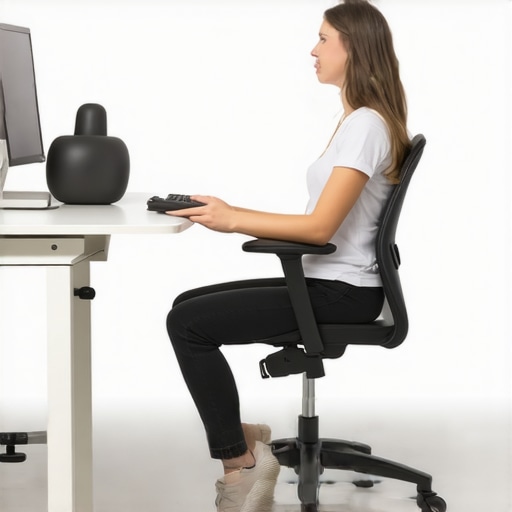 Optimal Ergonomic Workspace for Spine Health A person sitting with proper ergonomic setup, using tools like a lumbar-support chair, foam roller, and posture tracker to maintain spinal health.