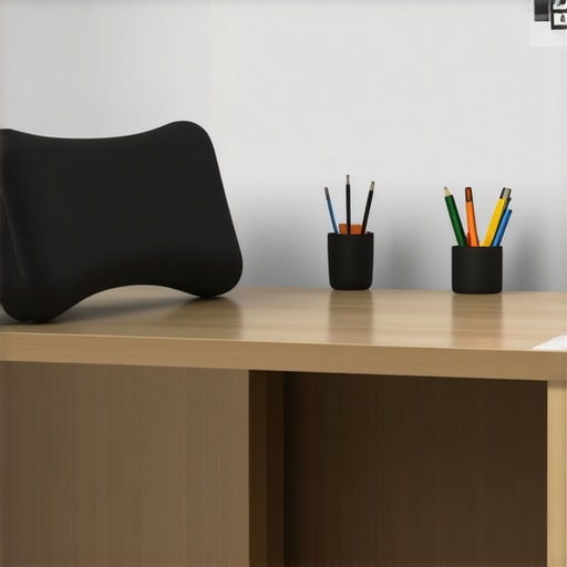 A modern ergonomic workspace featuring lumbar support, adjustable desk, and mobility tools.