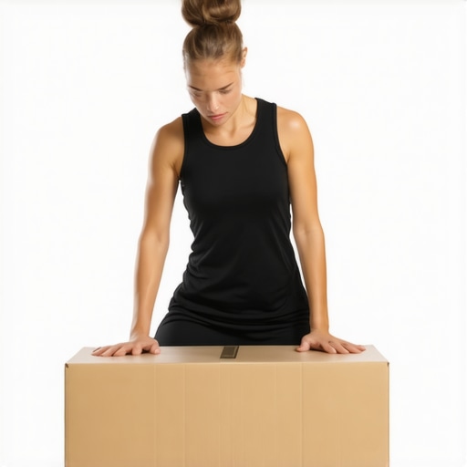 Person lifting a heavy box with correct posture, keeping back straight and knees bent