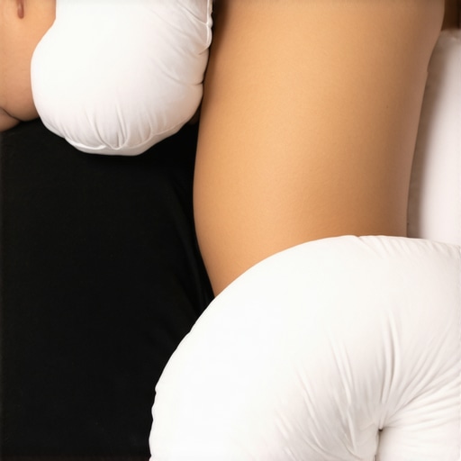 Person sleeping with ergonomic pillows supporting neck and knees