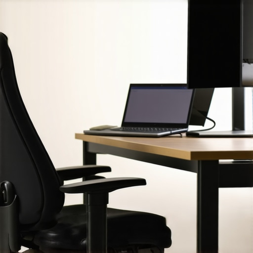 An ergonomic office with an adjustable chair, monitor at eye level, and supportive accessories