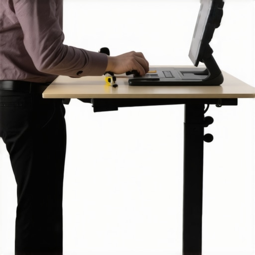 Person measuring and adjusting a standing desk to correct height for ergonomic posture