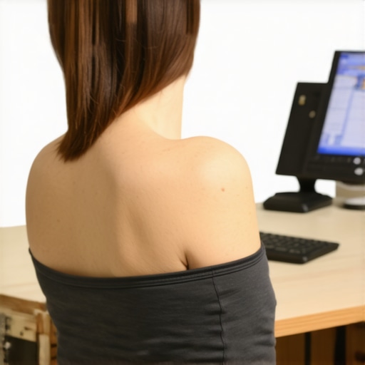 Person squeezing shoulder blades together at office desk for posture correction