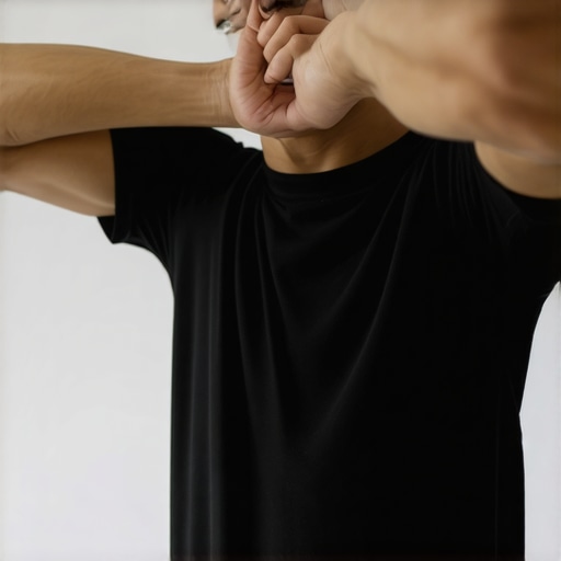 Person stretching shoulder in a doorway during home exercises.