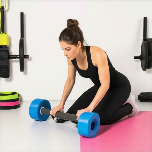 Individual performing back exercises with foam roller and resistance bands to maintain mobility.