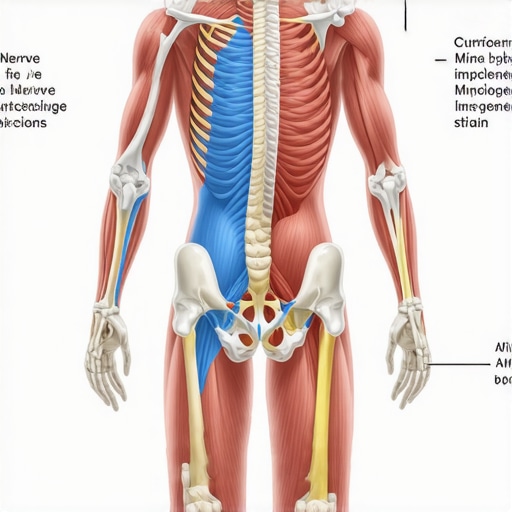 Diagram contrasting nerve impingement and muscle strain in back pain with movement cues.