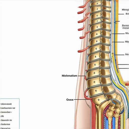 Detailed illustration of human spine showing fascia and nerve pathways, emphasizing misconceptions