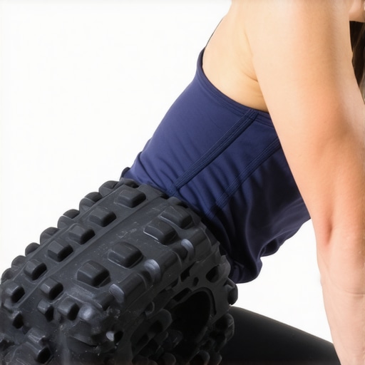 Person rolling their upper back with a foam roller to improve mobility and relieve tension.