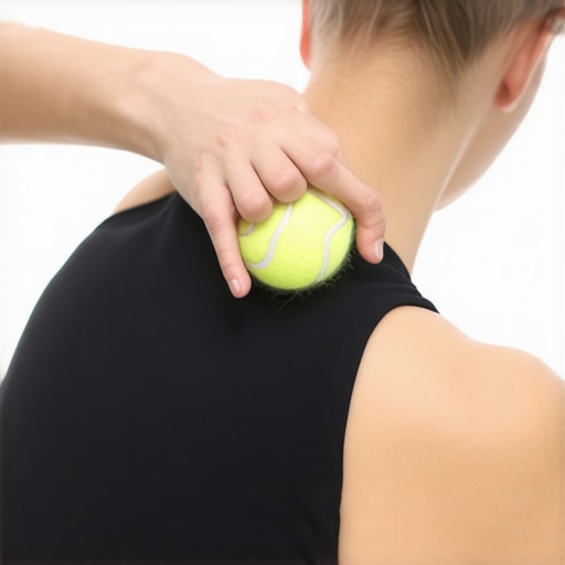 Person massaging lower back muscles using a tennis ball to relieve tension