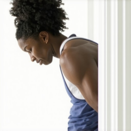 Person stretching chest muscles in doorway for shoulder relief