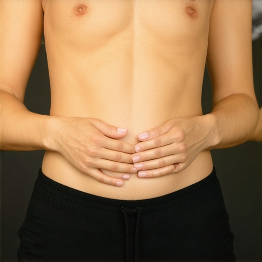 Person sitting cross-legged, practicing diaphragmatic breathing with one hand on their belly, serene setting.