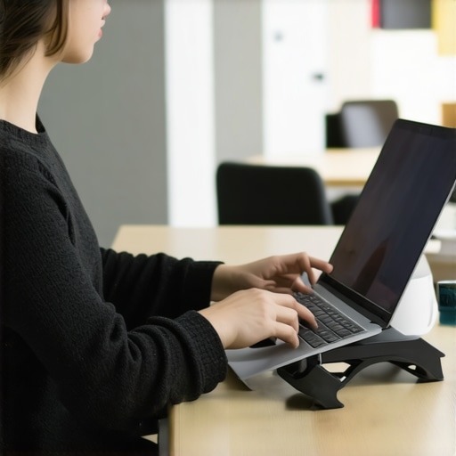 Person adjusting laptop height and stretching to prevent neck pain in a coffee shop.