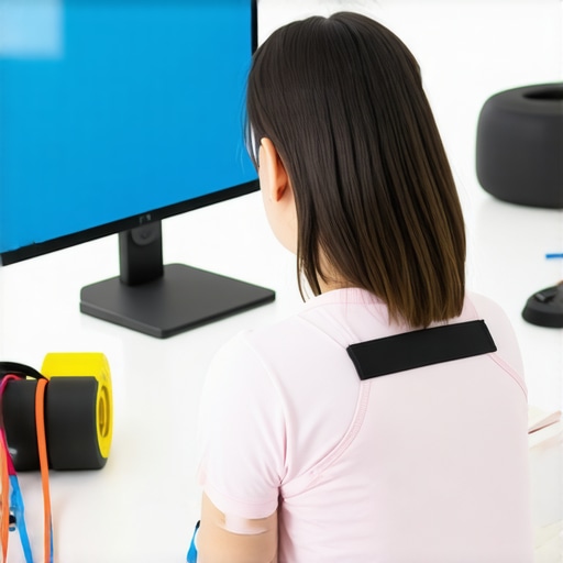 Person adjusting posture monitor and using resistance bands while seated at a desk, with foam roller in view.