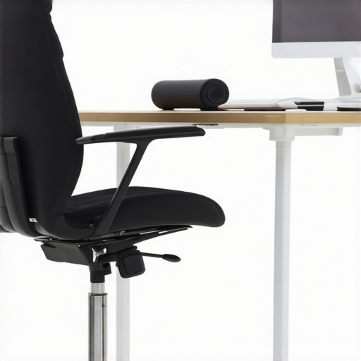 Ergonomic Workspace for Back Health A modern ergonomic office chair and foam roller on a desk promoting back health