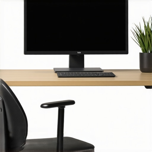 An office desk with ergonomic setup showing proper monitor height and supportive chair