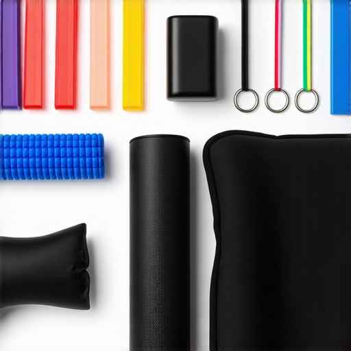 A neatly arranged collection of tools including foam roller, resistance bands, ergonomic pillow, and posture monitor on a clean table.