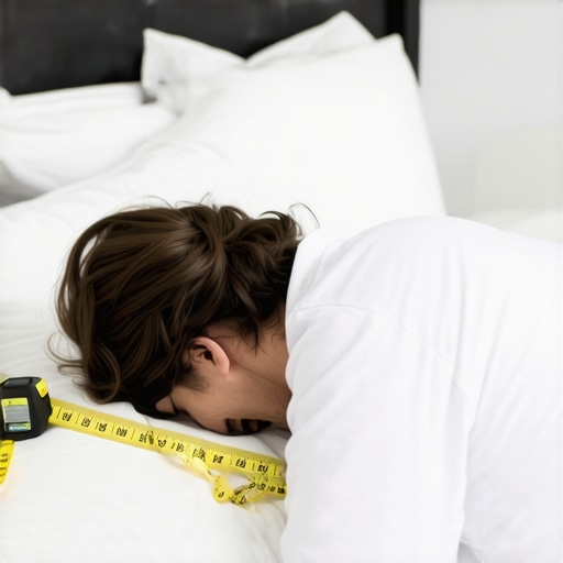 A person lying on their side in bed measuring the distance from neck to shoulder to find ideal pillow support.