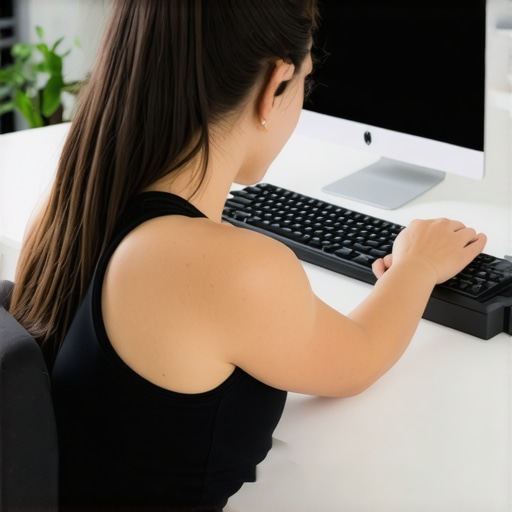Individual performing neck and back exercises with foam roller and posture devices at a desk