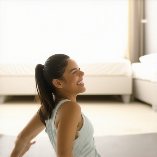 Person doing gentle yoga stretches on a mat to relieve back tension upon waking
