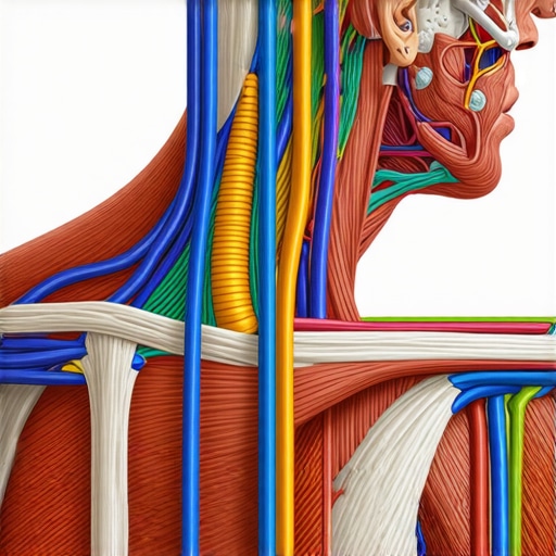 An illustration of neural pathways, fascia, and muscles in the neck and back highlighting the complex anatomy involved in pain and mobility