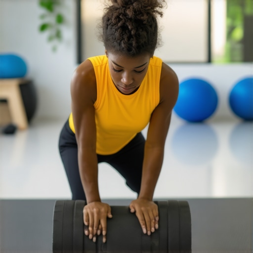 Individual stretching their back using a foam roller in a modern home gym