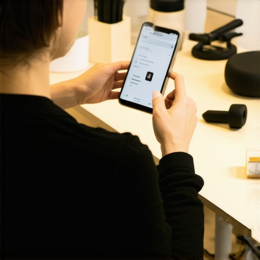 Person adjusting posture with accessories and app at workspace.