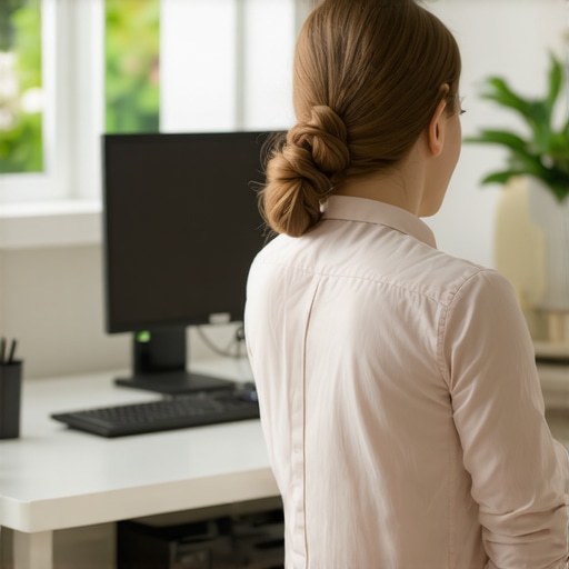 Person sitting at desk doing a quick posture correction for back relief.