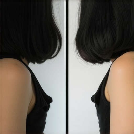 Posture correction demonstration Person demonstrating a quick posture fix with mirror for neck and shoulder relief.