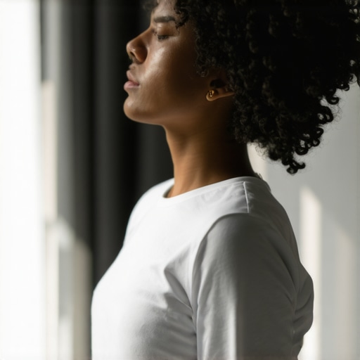 Individual demonstrating proper diaphragmatic breathing in a comfortable home environment