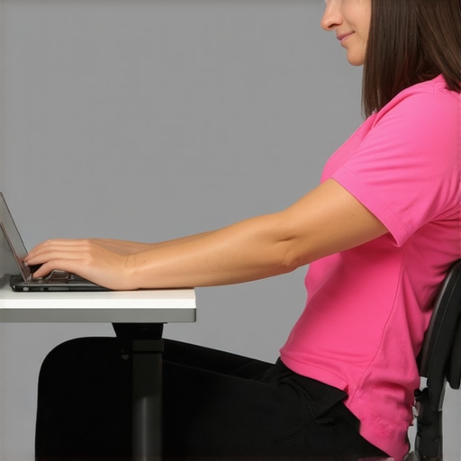 Proper Desk Ergonomics Illustration showing correct monitor height, keyboard position, and chair height to prevent shoulder blade pain.