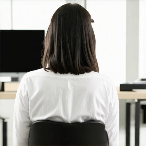 Proper Ergonomic Desk Setup for Back Wellness Person sitting upright at an ergonomic desk with monitor at eye level and lumbar support