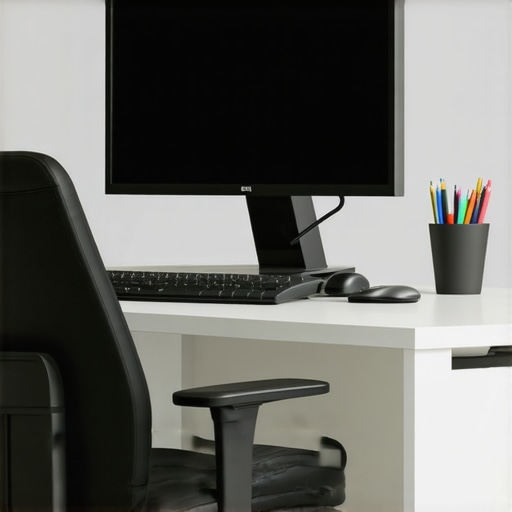 A person working at a desk with ergonomic setup including adjustable chair and monitor at eye level