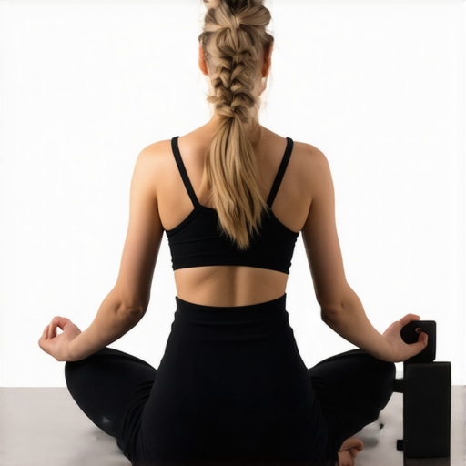 Person adjusting yoga pose with blocks to support back health.