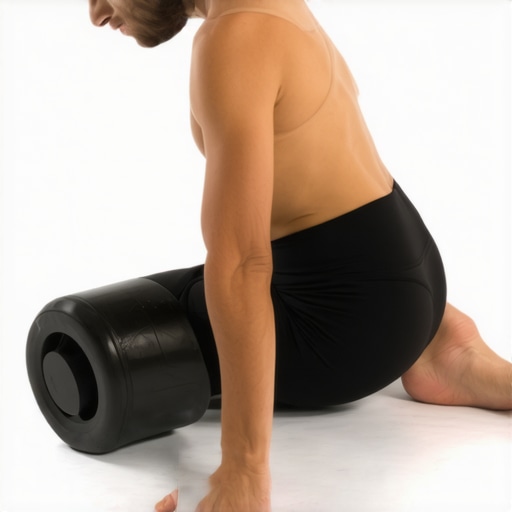 Individual rolling a foam roller on their lower back and using a massage ball on hip muscles for pain relief.